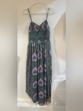 THML Green Paisley Maxi Dress with Pink and Purple Accents